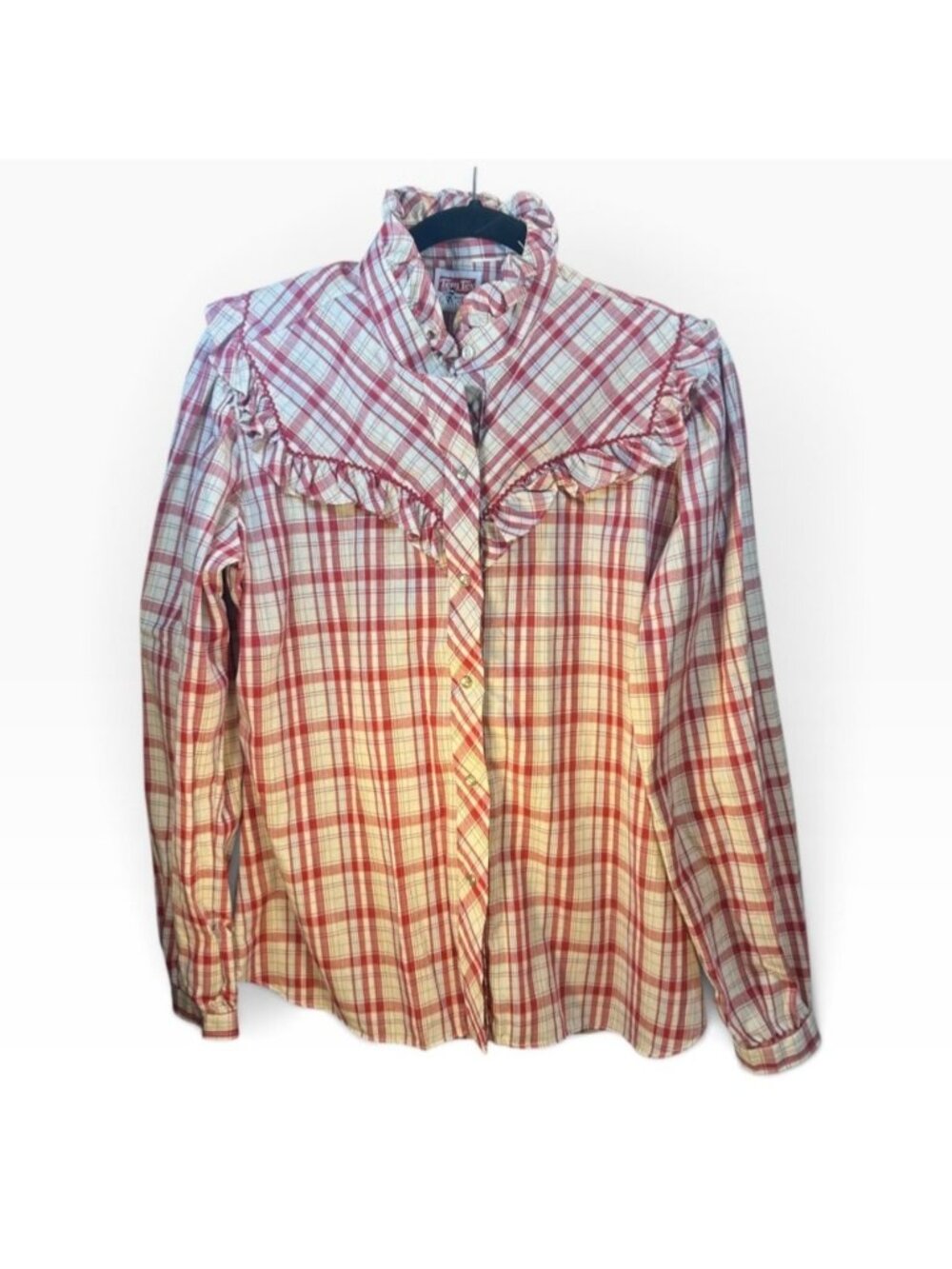 Vintage 1970s Tem Tex Women’s Red Plaid Pearl Snap Blouse Ruffled Yoke Western P